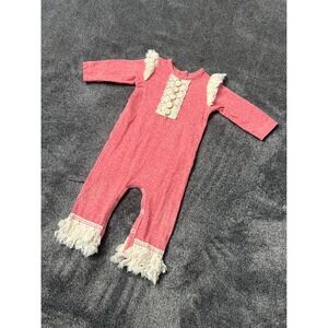 peaches‎ n Cream Baby Girls Pink Floral Fringe Crochet Lace Romper 6/9 Months